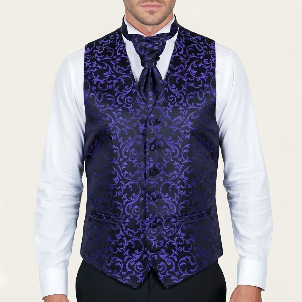 Purple on Black Swirl Leaf Formal Waistcoat - Patterned Black 6