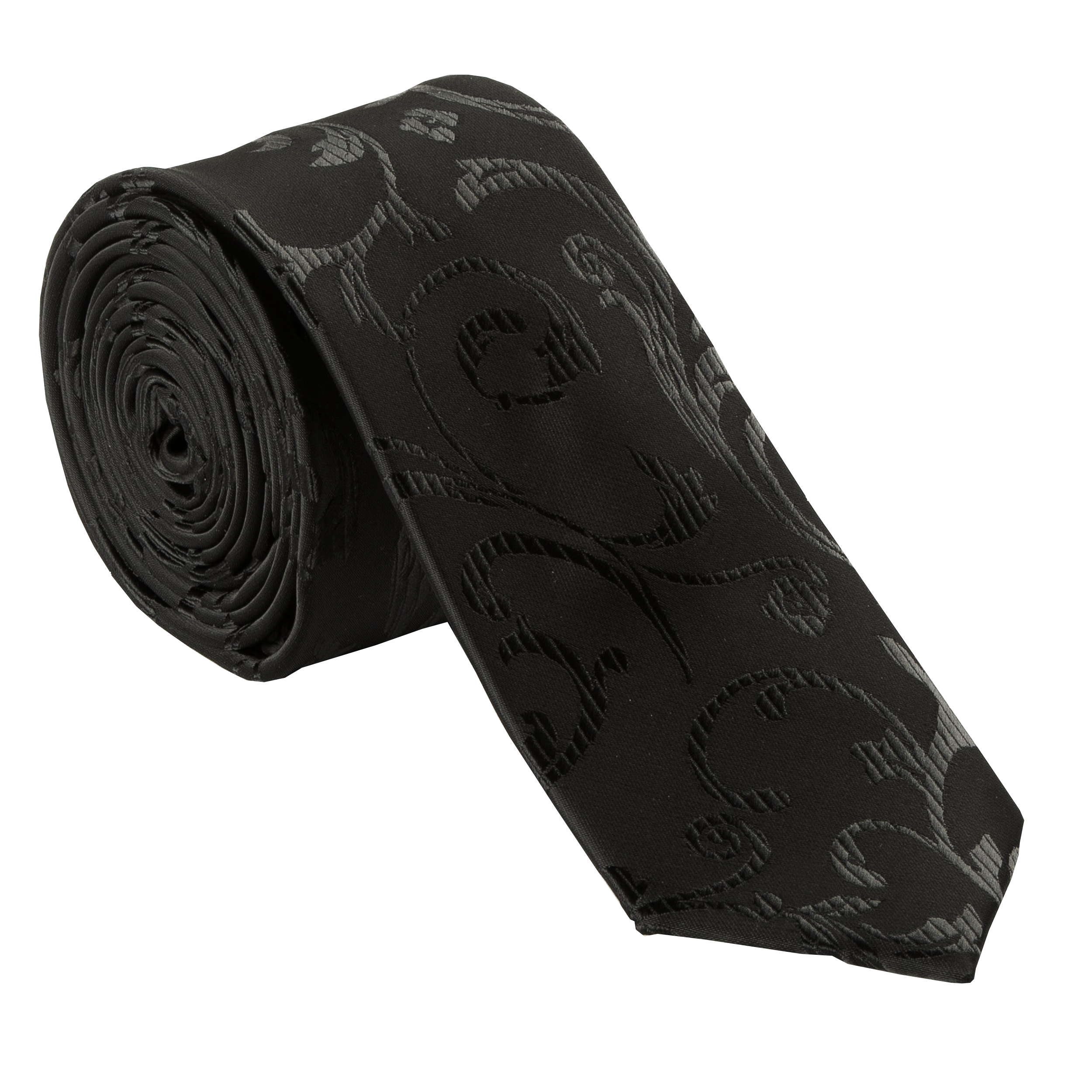 Black on Black Swirl Leaf Wedding Tie - Jacquard Black Classic Width 8cm