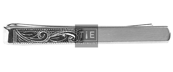 Silver Half Engraved Rhodium Plated Tie Clip #100-1280