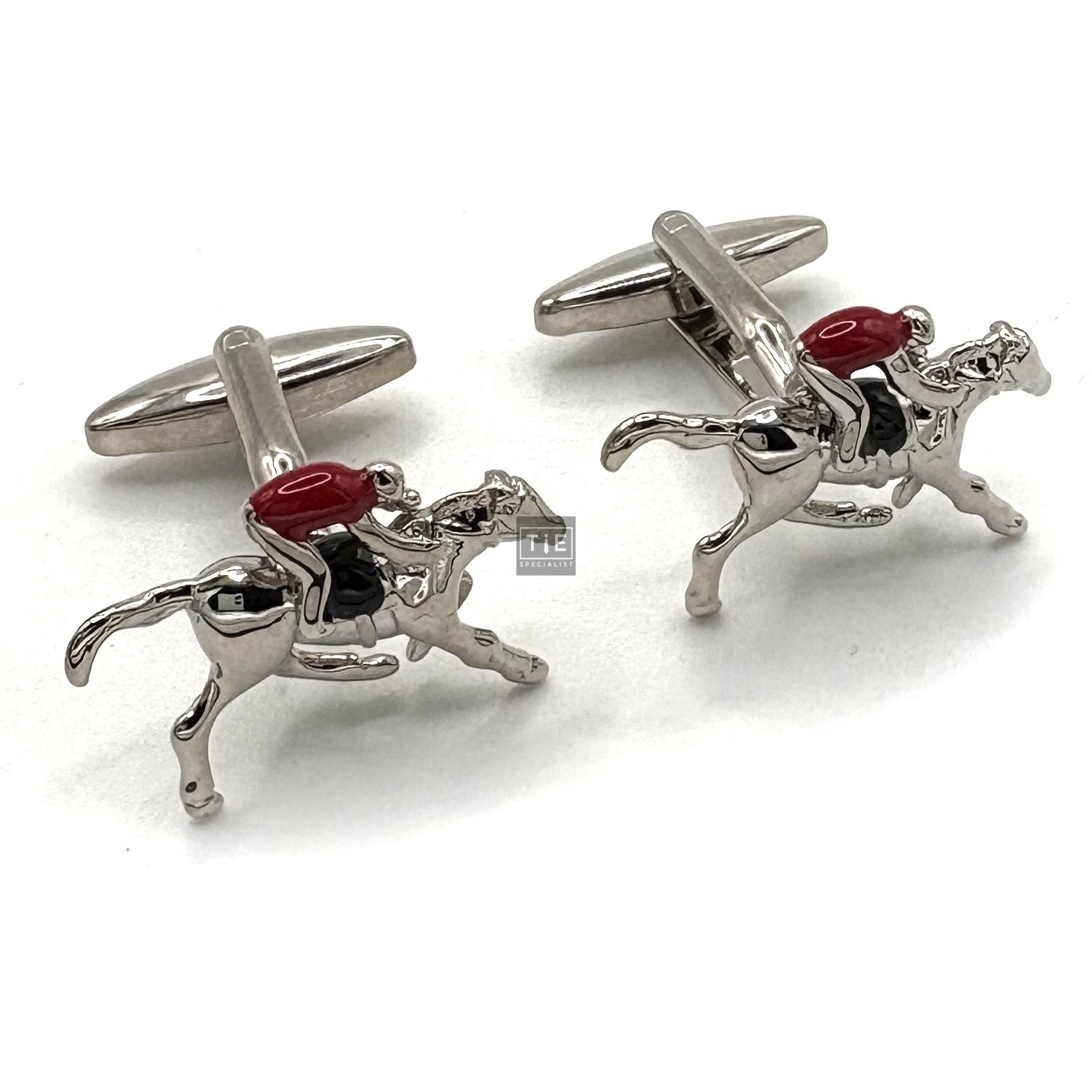 Silver Plated Horse & Jockey Red Enamel Cufflinks