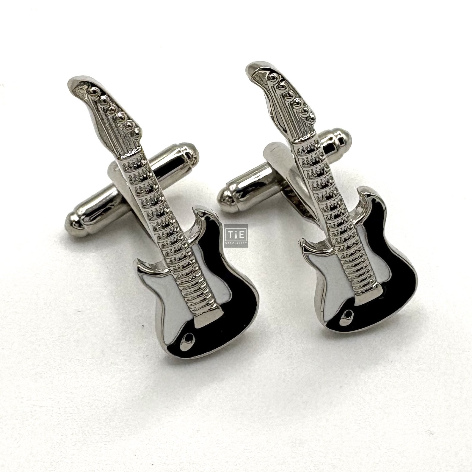 Silver Plated Electric Guitar Black Enamel Cufflinks