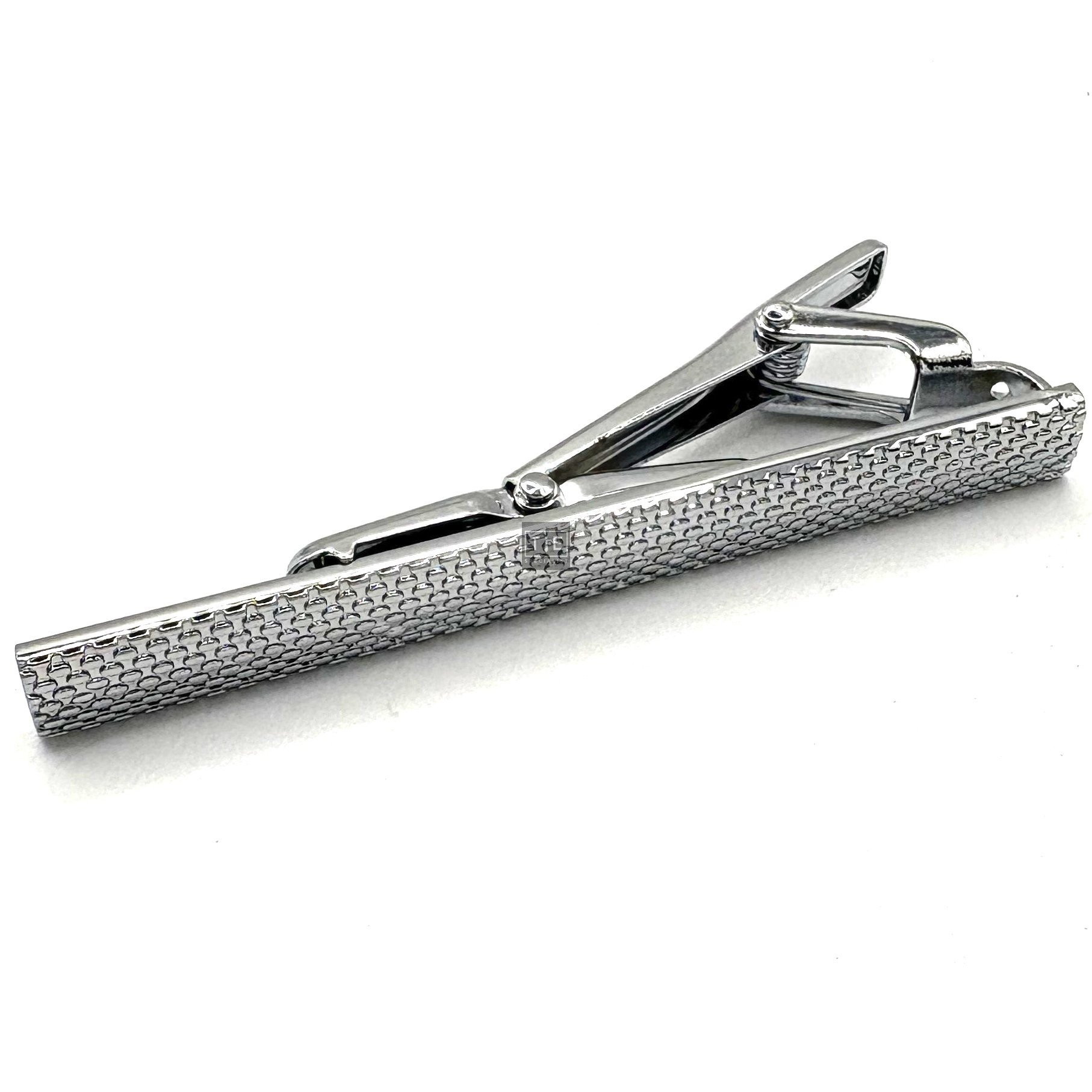 Textured Silver Plated Tie Clip - Crosshatch Engraved Rectangular Bar Design 