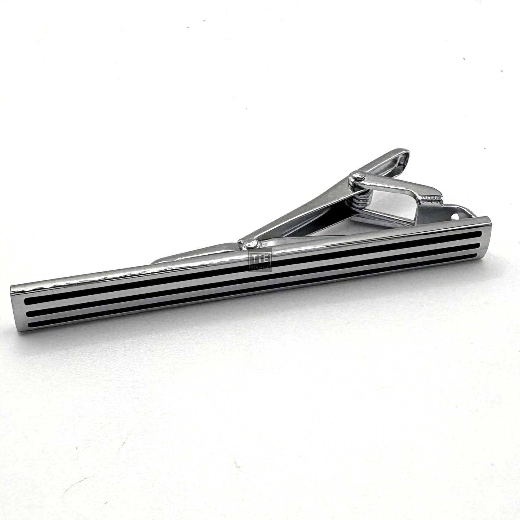 Silver Plate Tie Clip - Polished Bar with Linear Stripe Detail 
