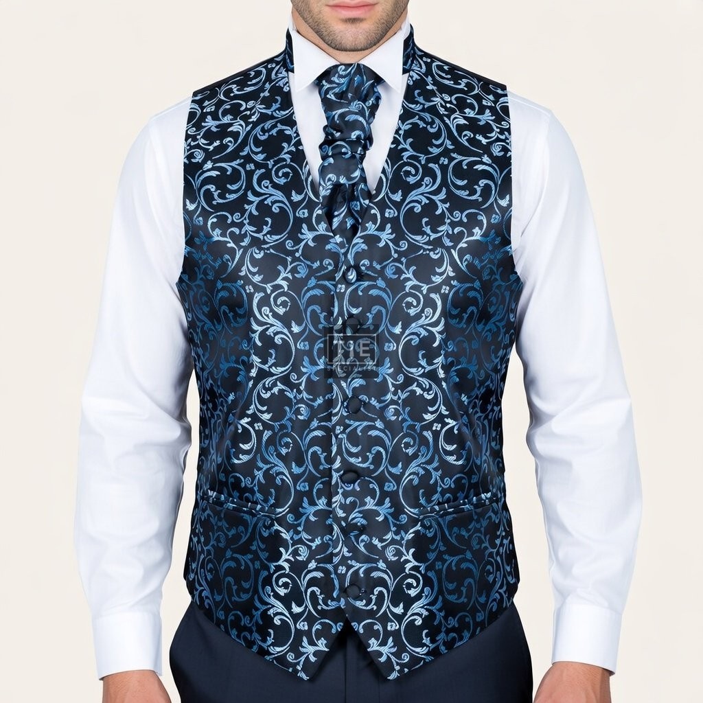 Morning Blue on Black Swirl Leaf Wedding Waistcoat Abel & Burke