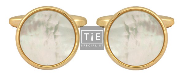 Gold Round Mother Of Pearl Gold Plated Cufflinks #90-1076