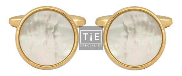 Gold Round Mother Of Pearl Gold Plated Cufflinks #90-1076