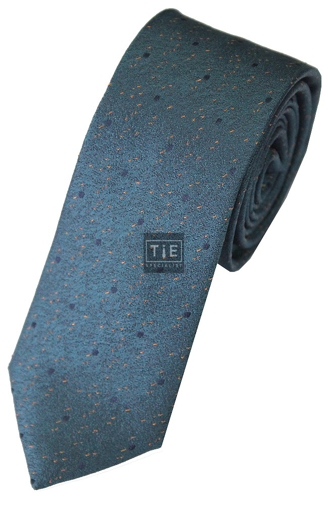 Teal Blue Flecked with Navy Spots Woven Silk Slim Tie and Hankie Set