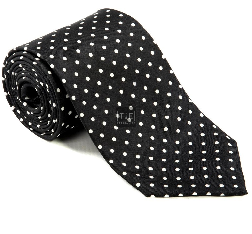 Black with White Polka Dot Silk Tie with Matching Pocket Square