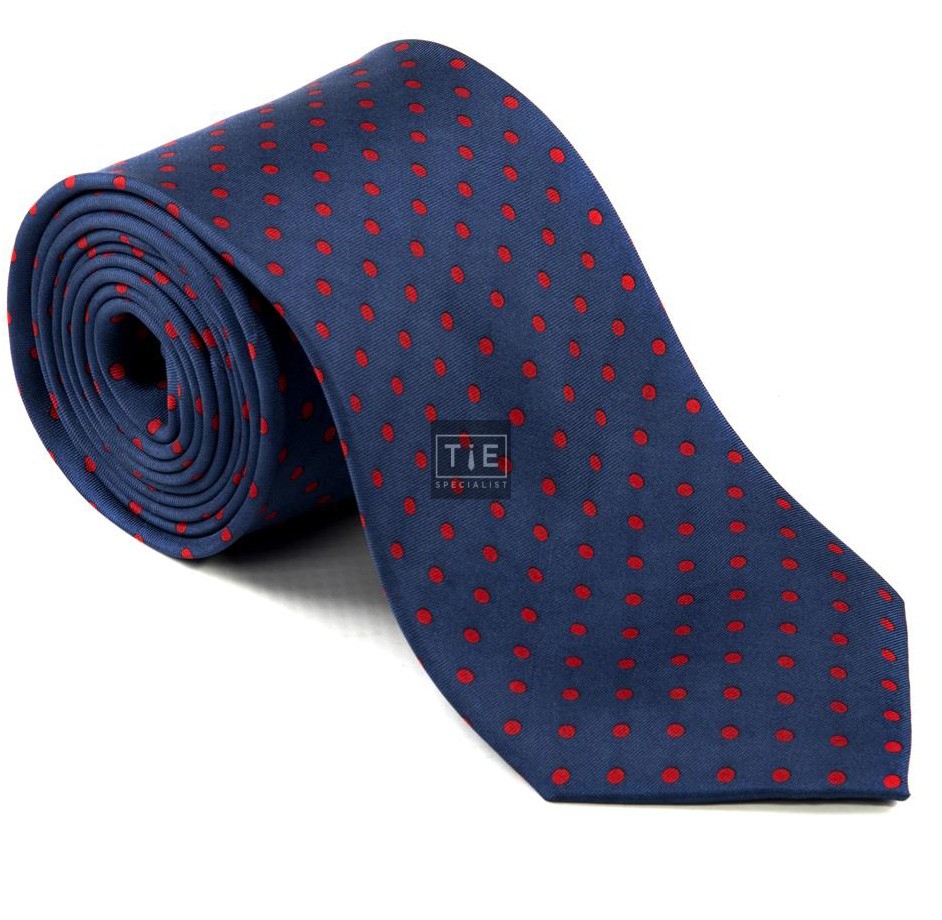 Navy with Red Polka Dot Silk Tie with Matching Pocket Square