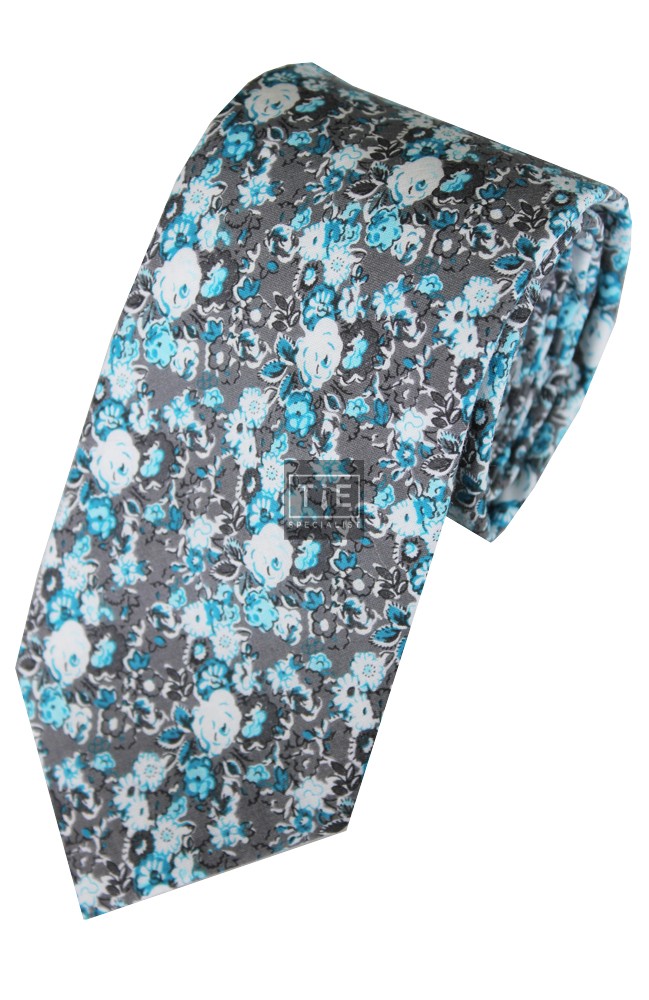 Grey Anime Flower Printed Cotton Tie with Matching Pocket Square