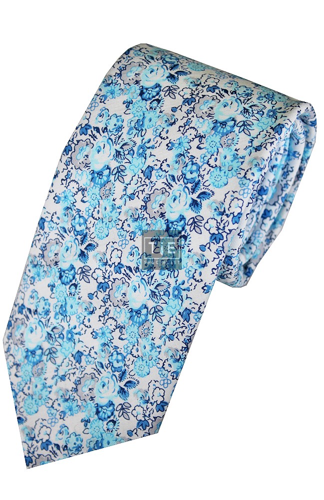 White Anime Flower Printed Cotton Tie with Matching Pocket Square