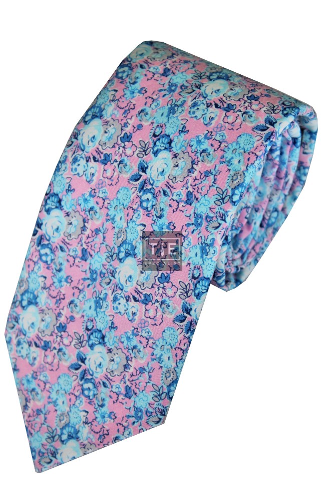 Pale Pink Anime Flower Printed Cotton Tie with Matching Pocket Square