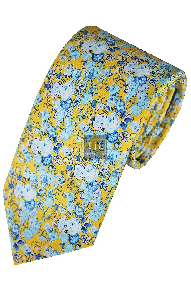 Yellow Anime Flower Printed Cotton Tie with Matching Pocket Square