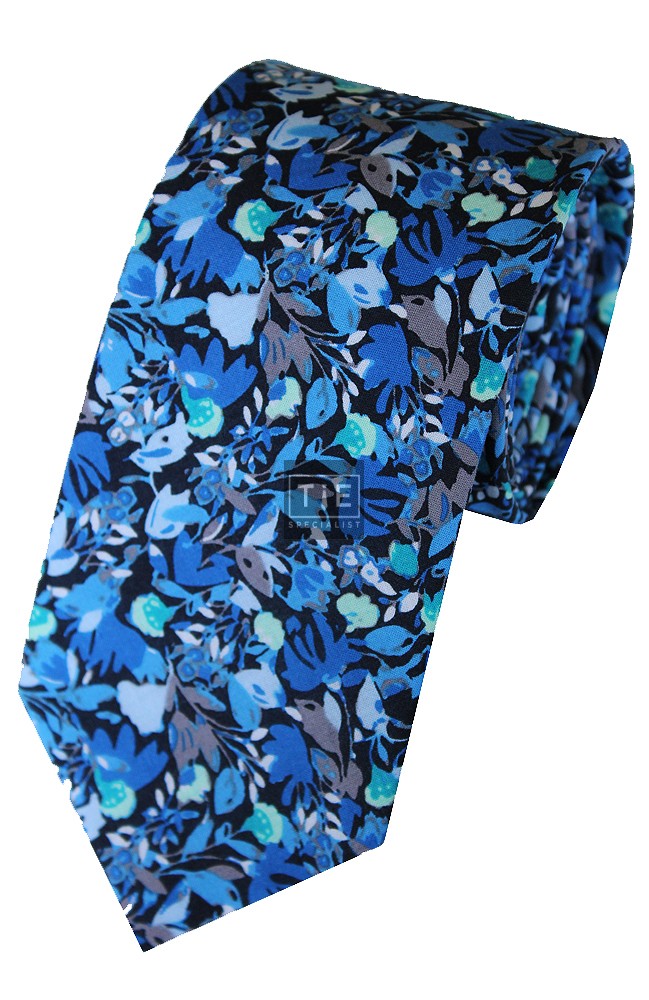 Blue Flower Ink Printed Cotton Tie with Matching Pocket Square