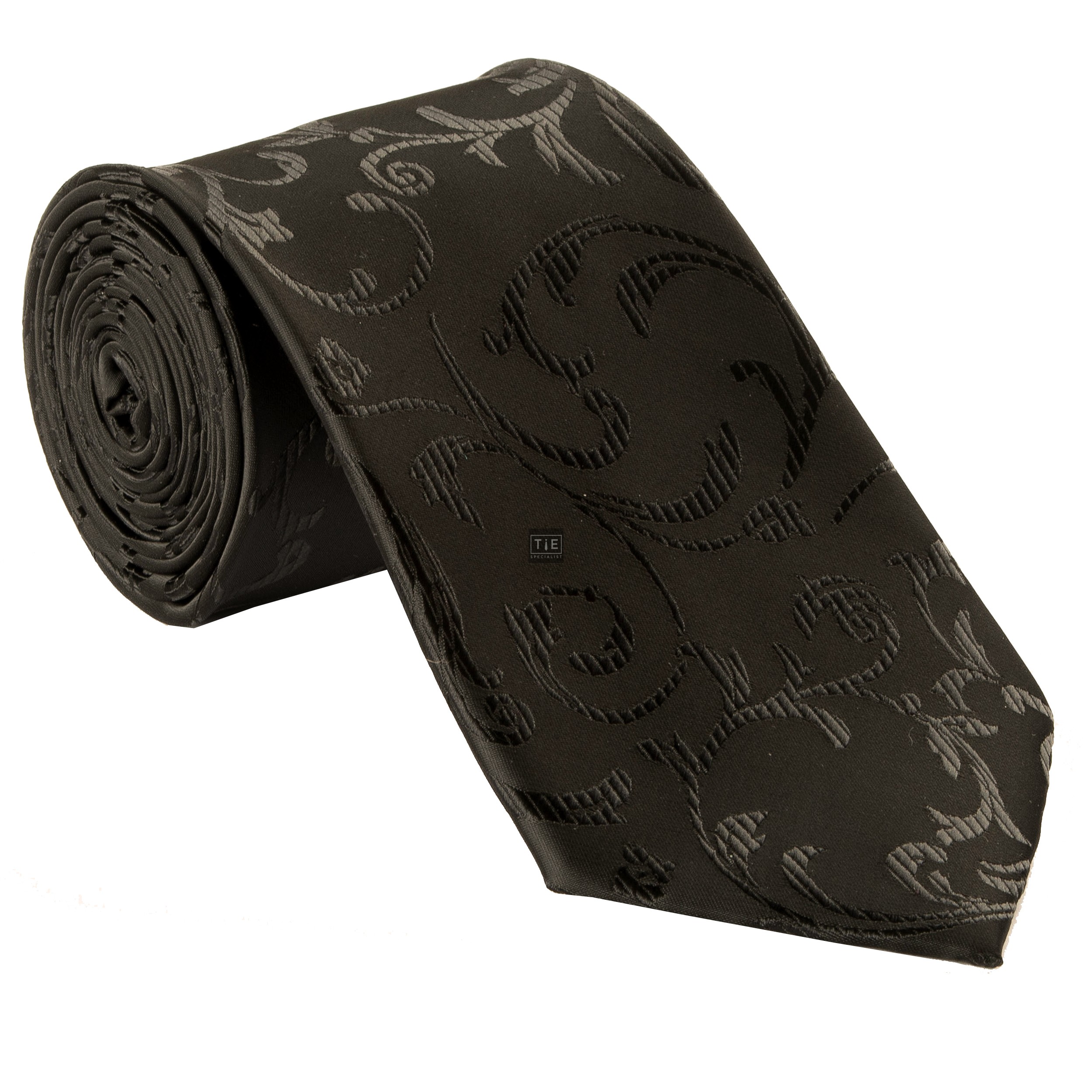 Black on Black Swirl Leaf Wedding Tie and Hankie Set