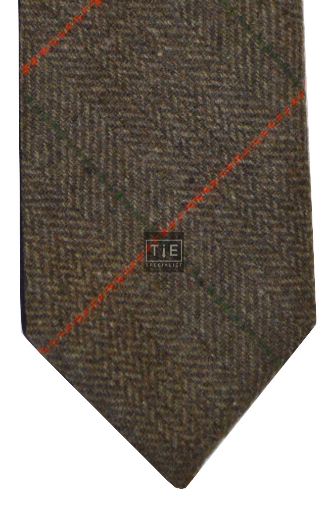Brown Herringbone Tweed Slim Tie and Hankie Set