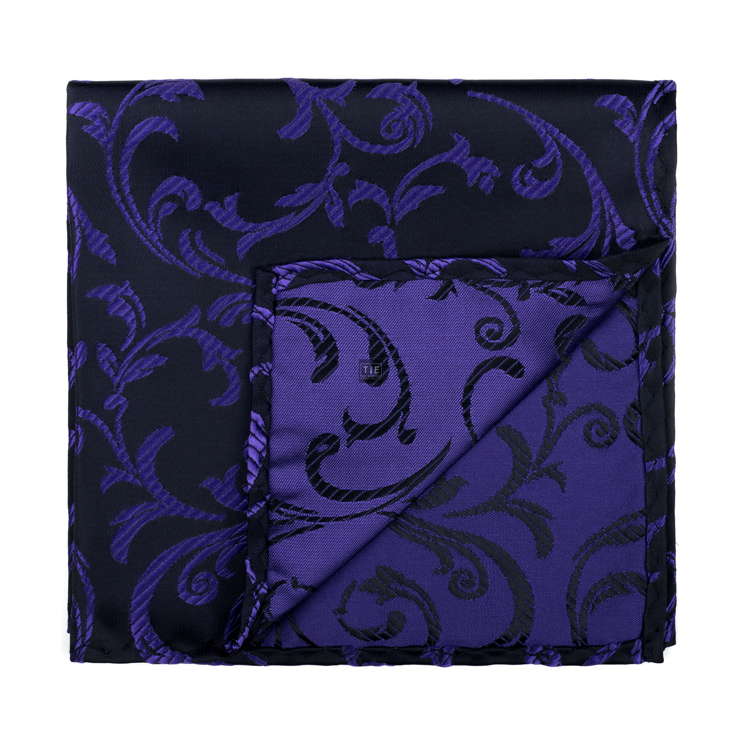 Purple on Black Swirl Leaf Pocket Square