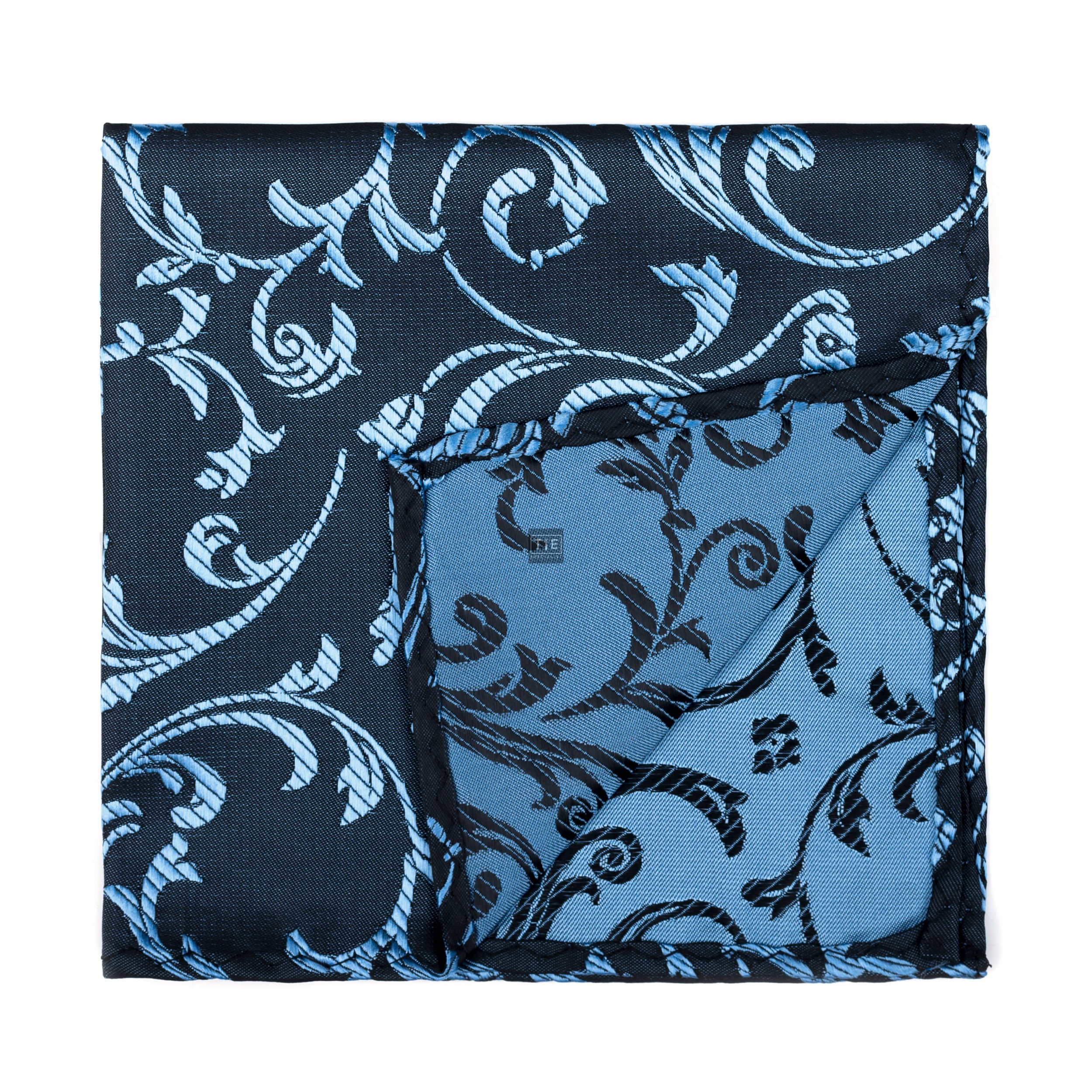 Morning Blue on Black Swirl Leaf Pocket Square