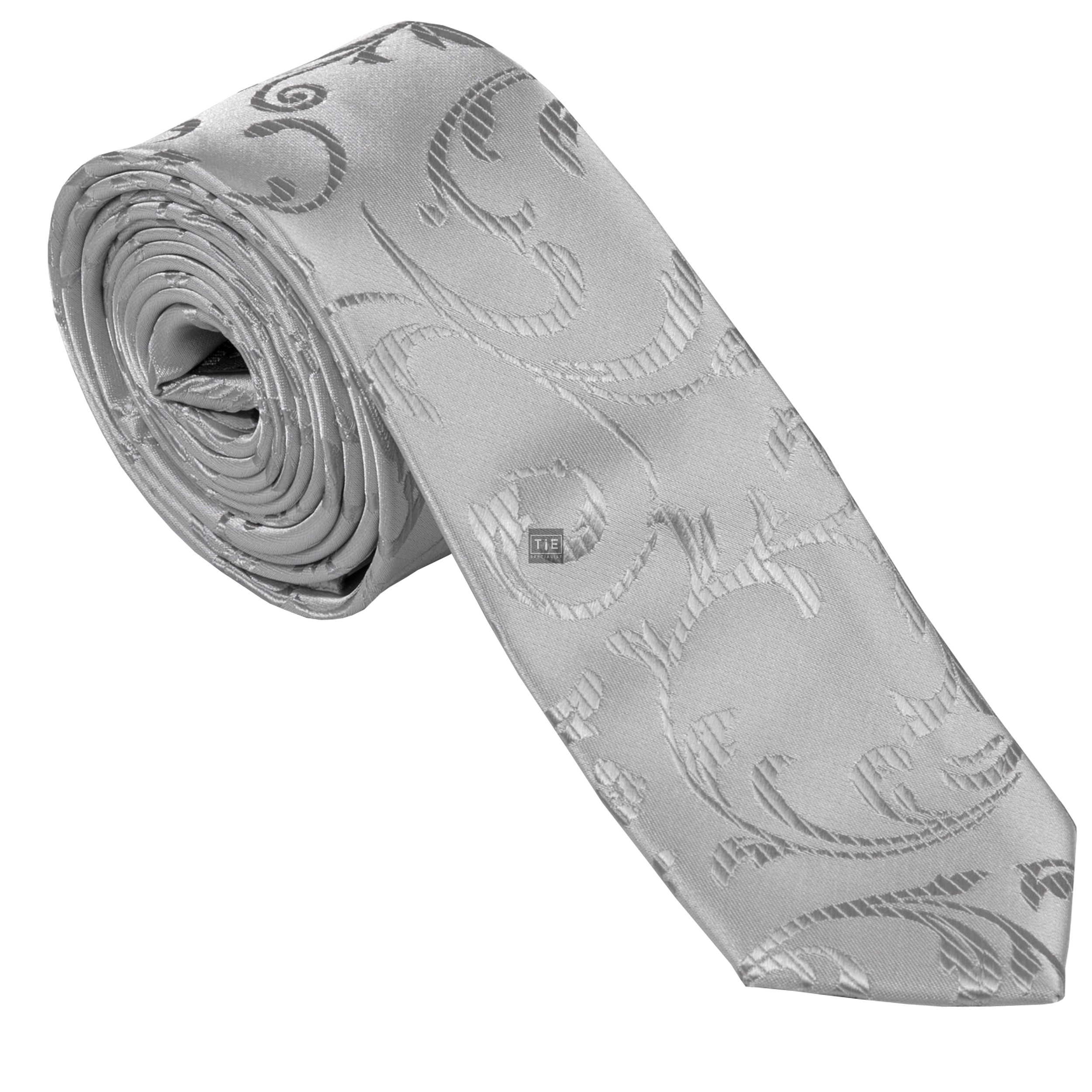 Silver Swirl Leaf Slim Wedding Tie #AB-C1000/10
