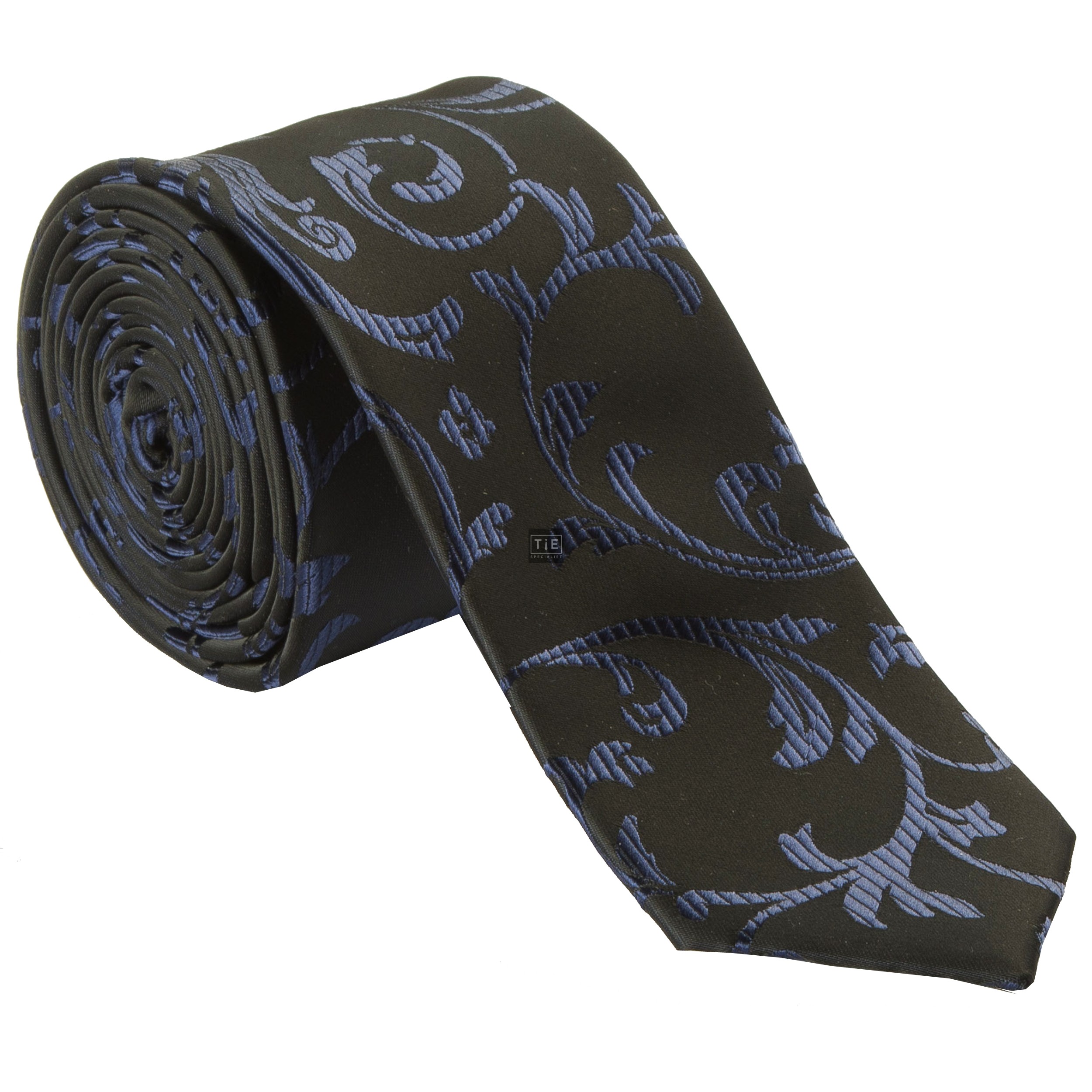 Navy on Black Swirl Leaf Slim Wedding Tie #AB-C1000/4