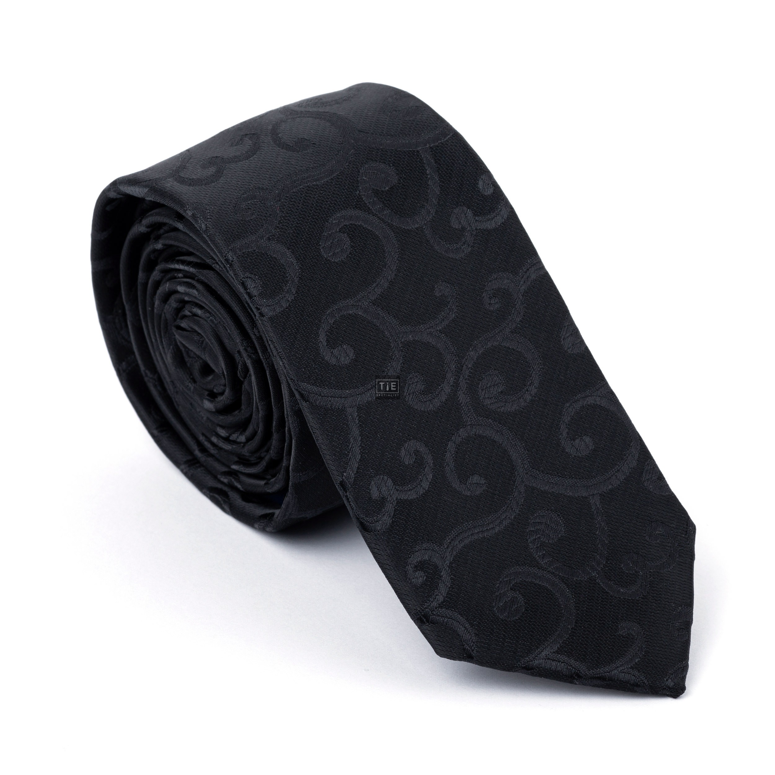 Black on Black Royal Swirl Slim Tie - Patterned Black Slim Tie