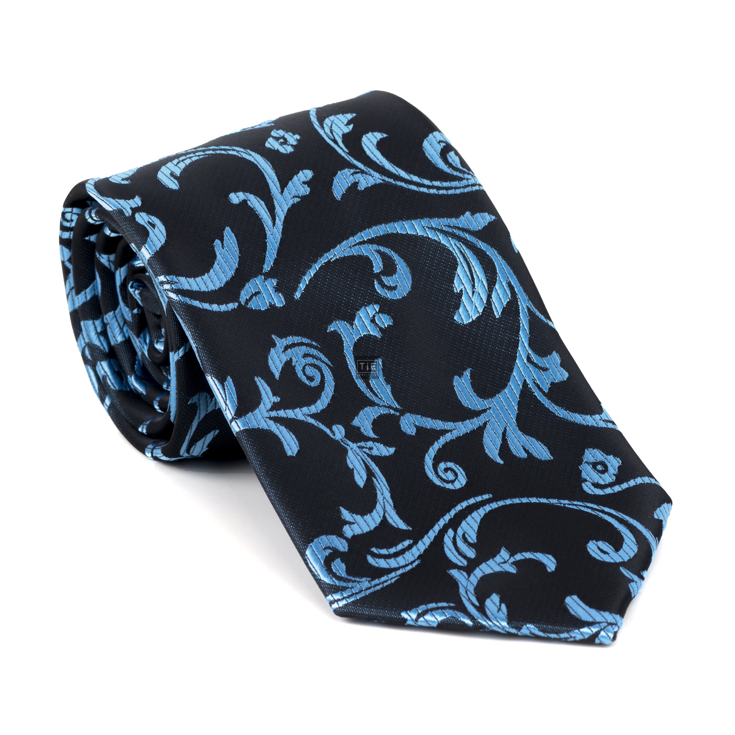 Morning Blue on Black Swirl Leaf Tie