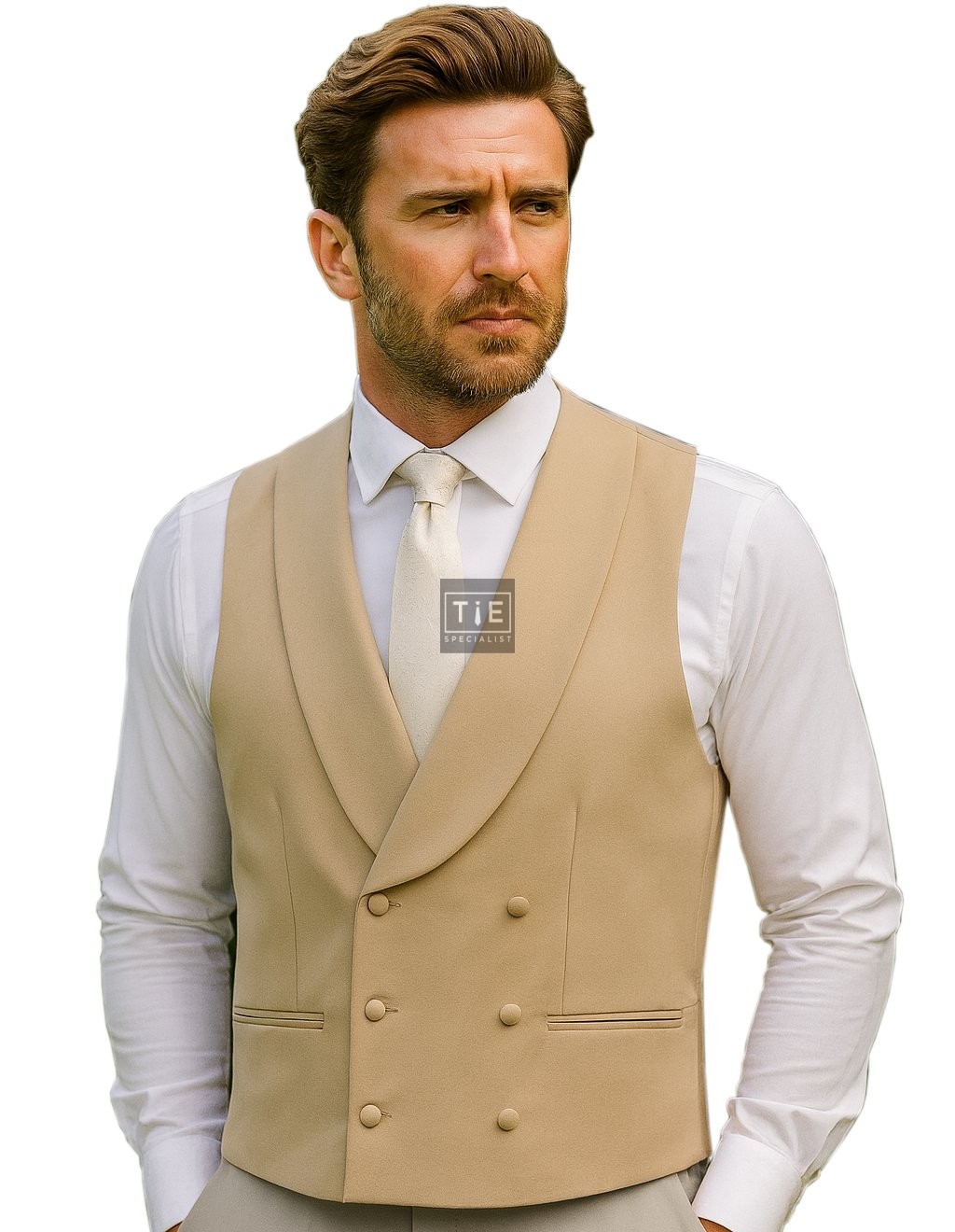 Champagne Buff Double-Breasted Fine Wool Formal Waistcoat #WW802/4 