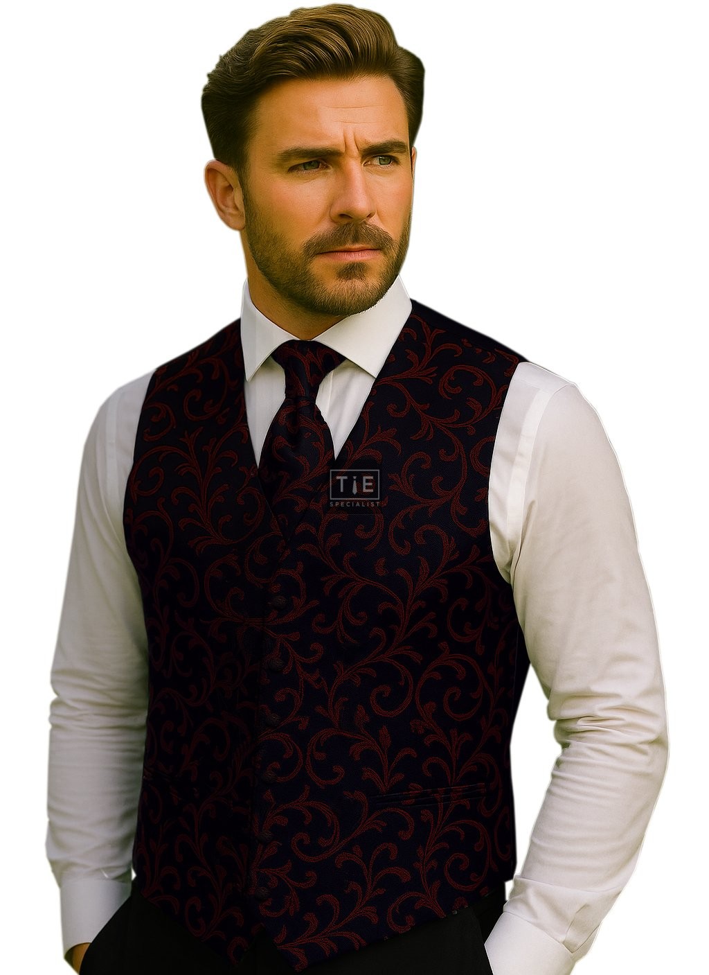 Burgundy on Black Swirl Leaf Wedding Waistcoat