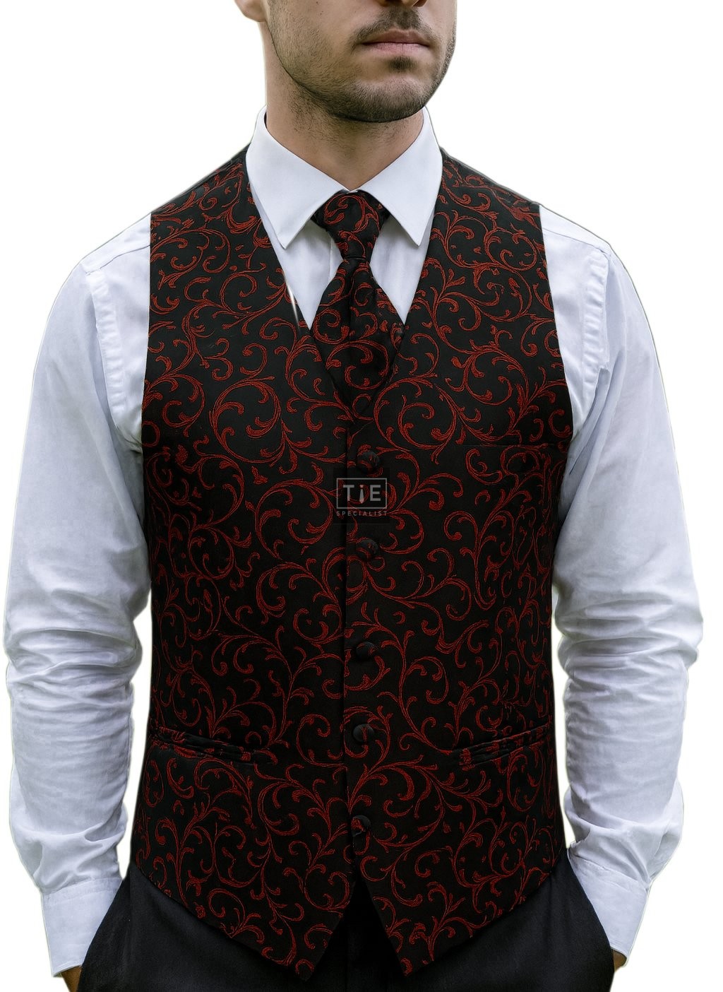 Burgundy on Black Swirl Leaf Wedding Waistcoat