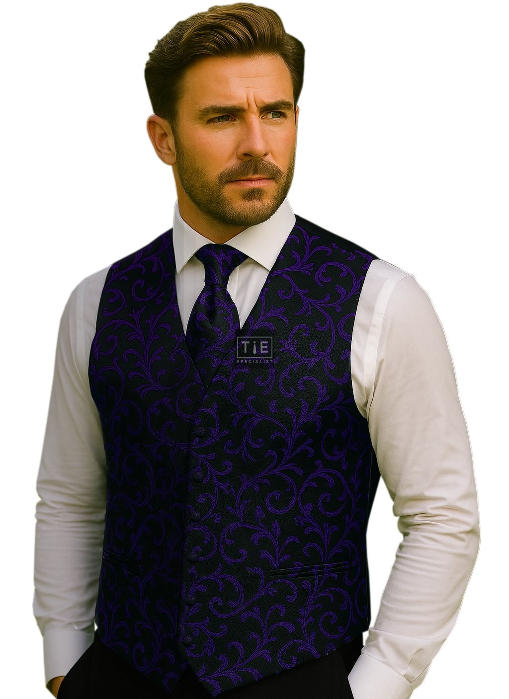 Purple on Black Swirl Leaf Formal Waistcoat #AB-WWA1000/14