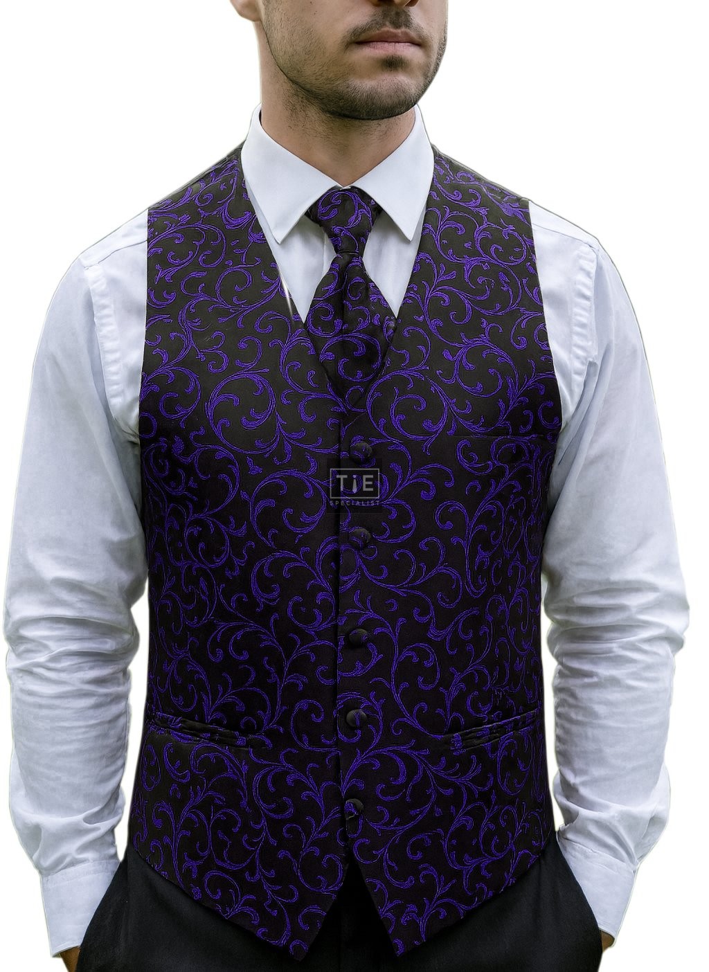 Purple on Black Swirl Leaf Formal Waistcoat #AB-WWA1000/14