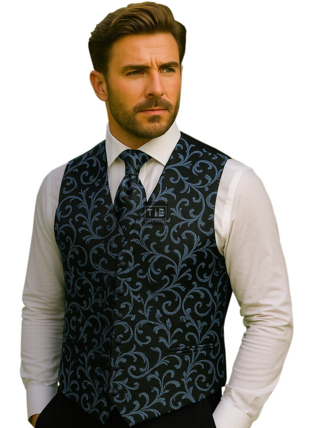 Morning Blue on Black Swirl Leaf Wedding Waistcoat Abel & Burke