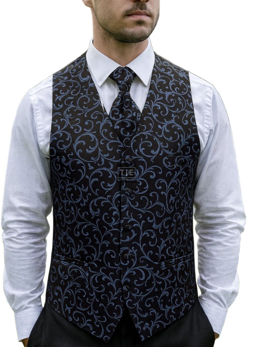 Morning Blue on Black Swirl Leaf Wedding Waistcoat Abel & Burke