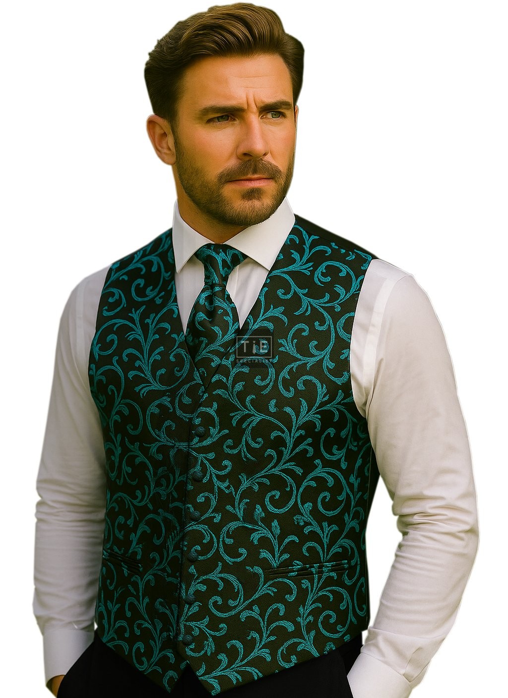 Teal on Black Swirl Leaf Wedding Waistcoat #AB-WWA1000/2 Teal on Black Swirl Leaf Wedding Waistcoat #AB-WWA1000/2