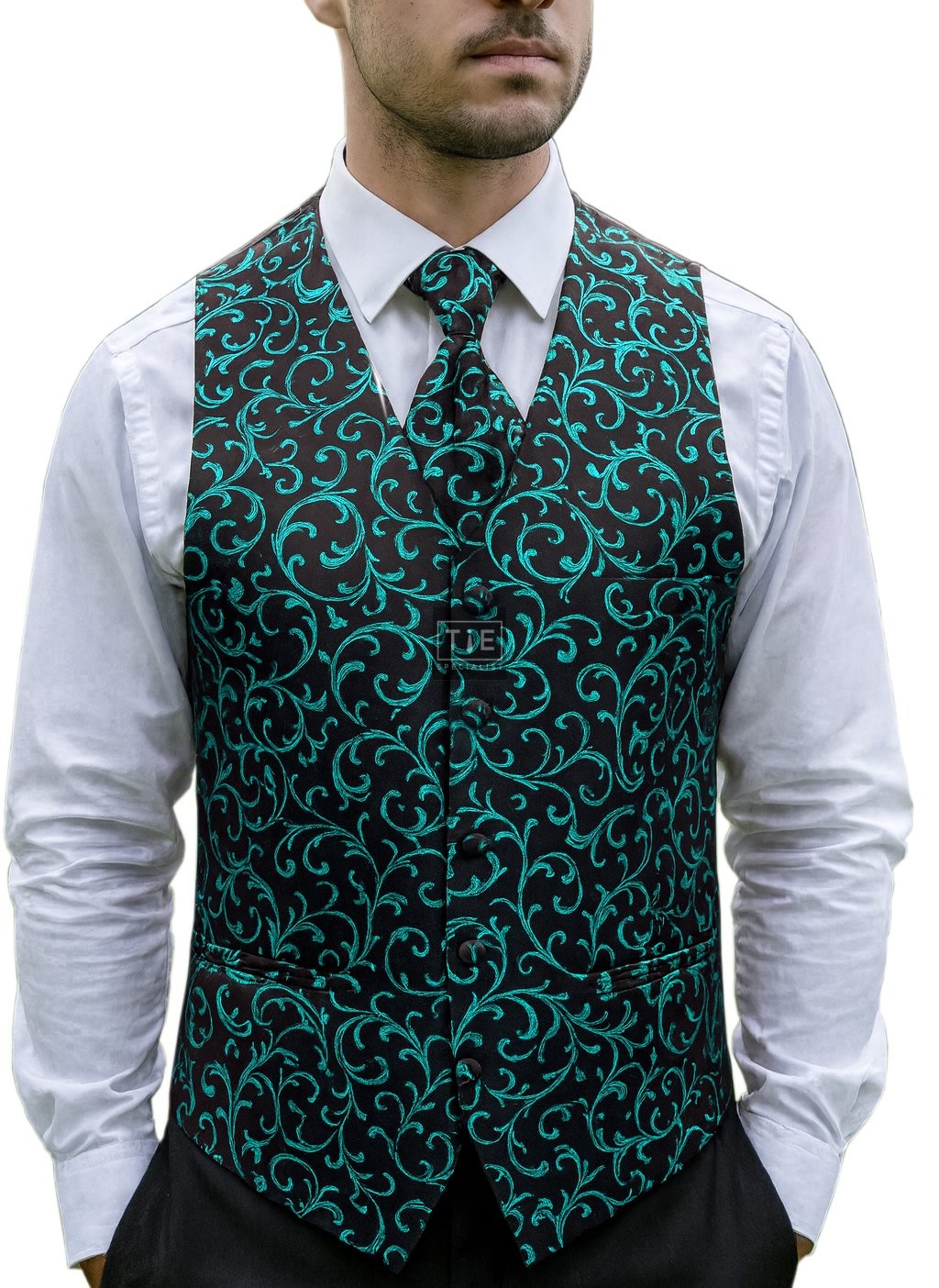 Teal on Black Swirl Leaf Wedding Waistcoat #AB-WWA1000/2