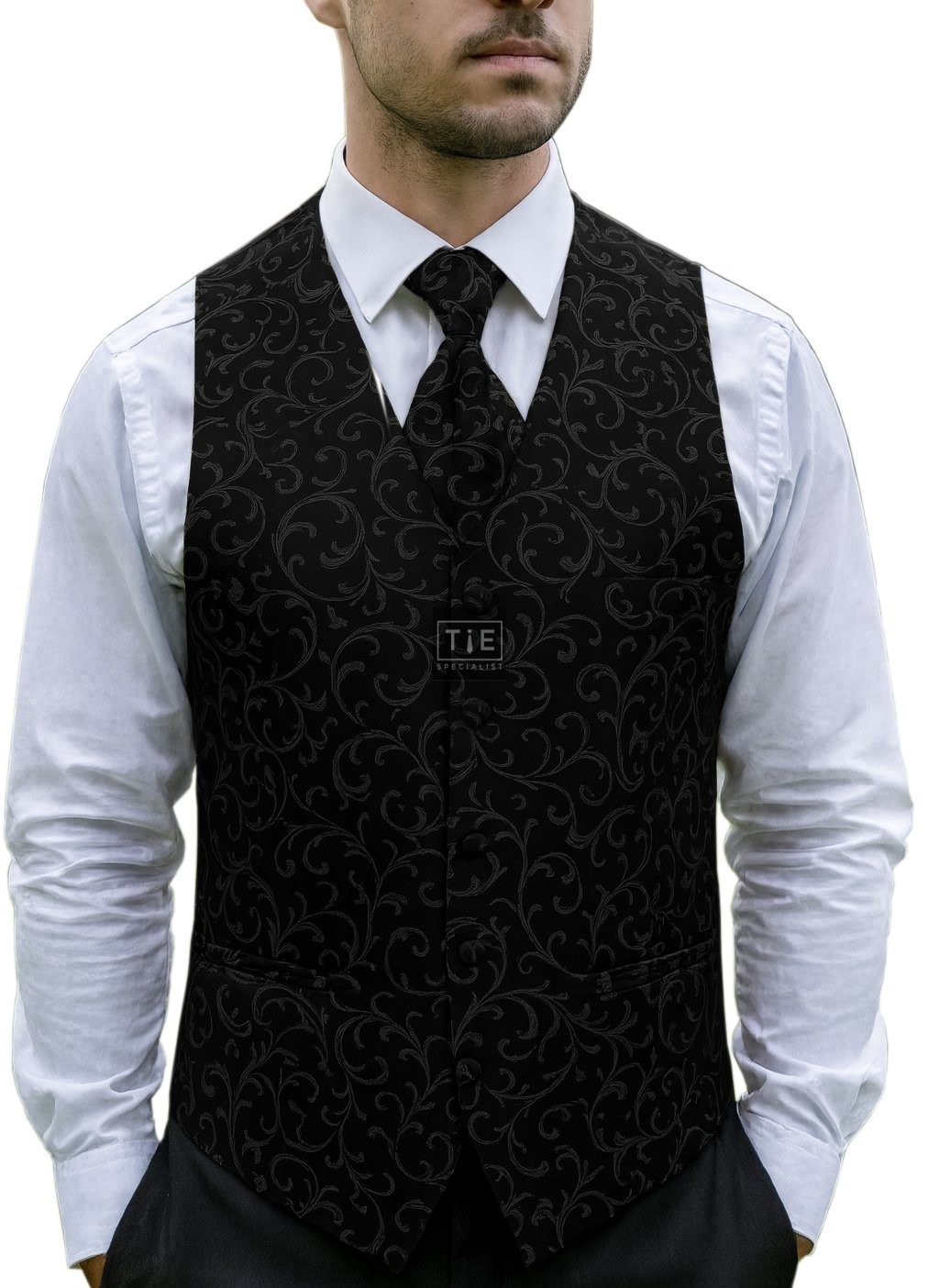 Black on Black Swirl Leaf Wedding Waistcoat #AB-WWA1000/3