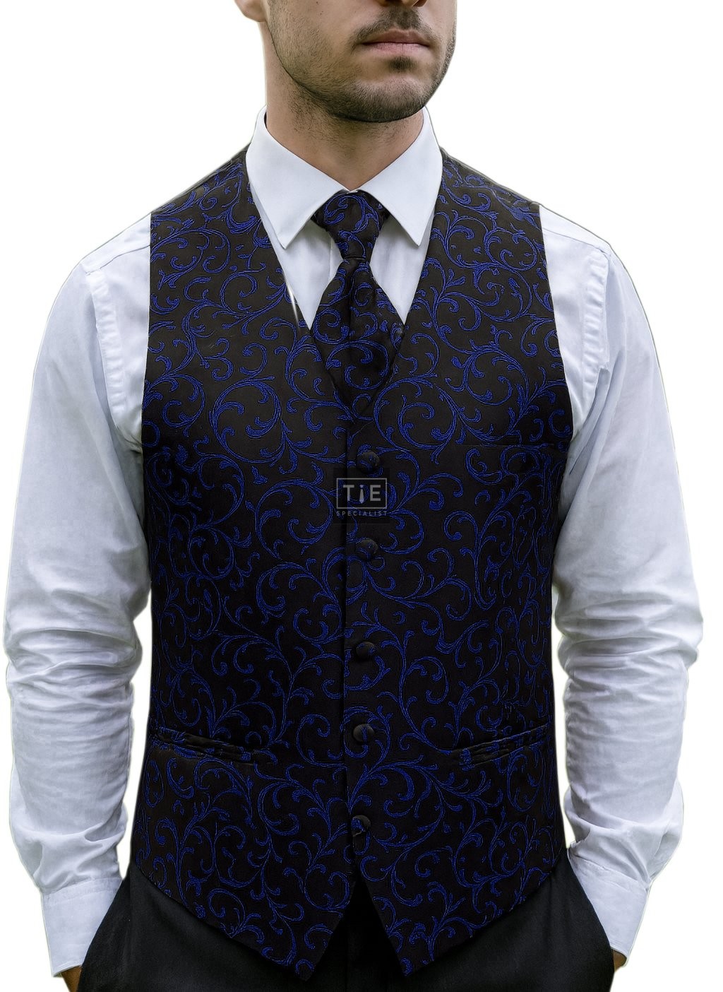 Navy on Black Swirl Leaf Wedding Waistcoat #AB-WWA1000/4