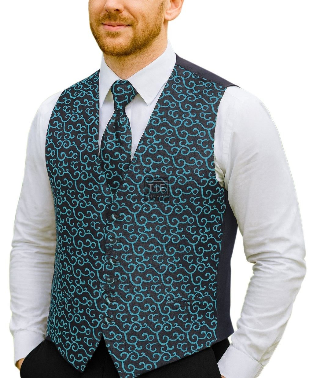Teal on Black Royal Swirl Waistcoat #AB-WWA1001/12