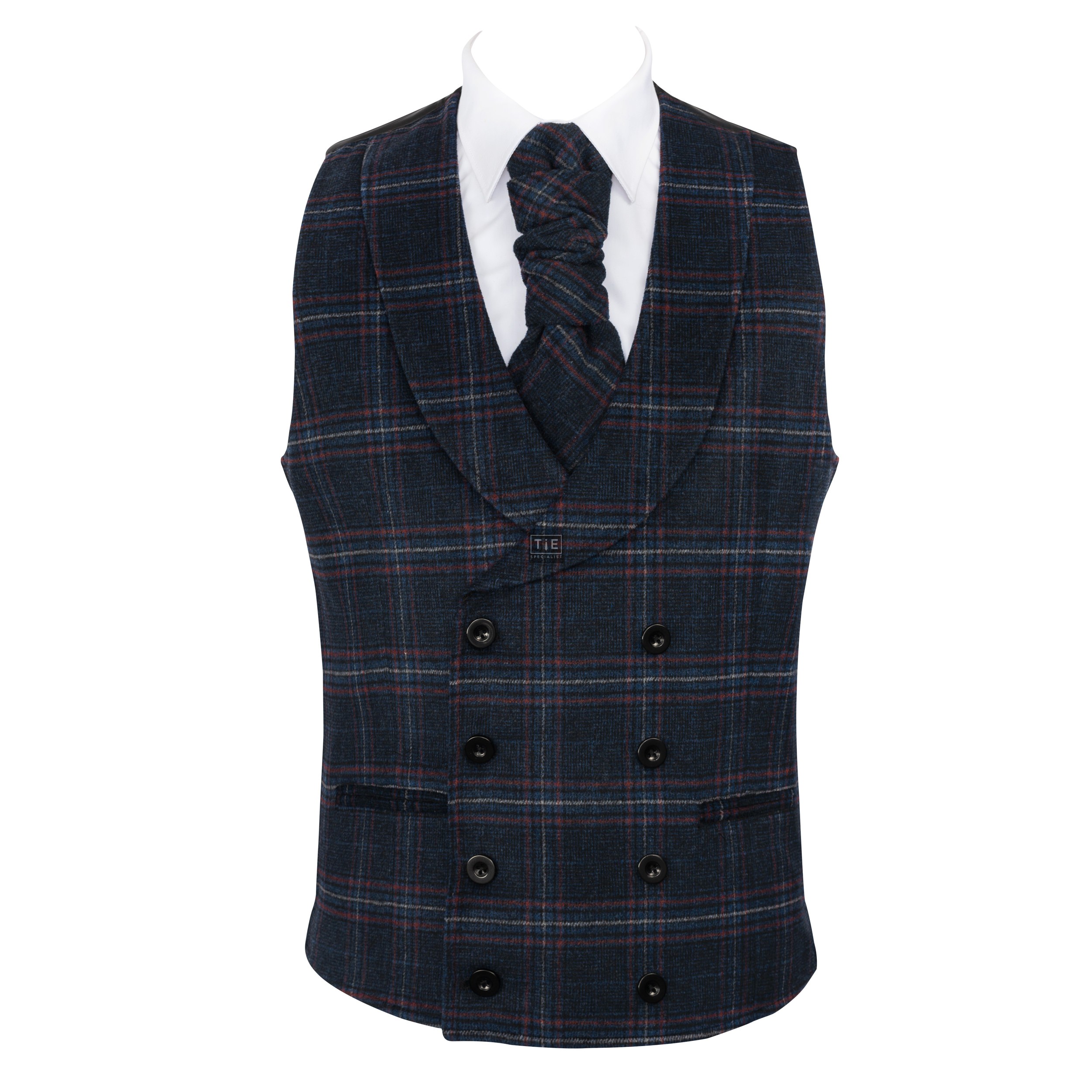 Navy Blue Overcheck Double Breasted Shawl Wool Waistcoat #AB-WWC1020/3