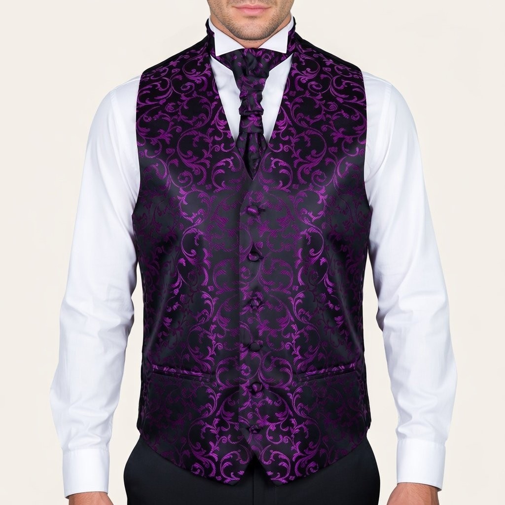 Plum on Black Swirl Leaf Formal Waistcoat Abel & Burke