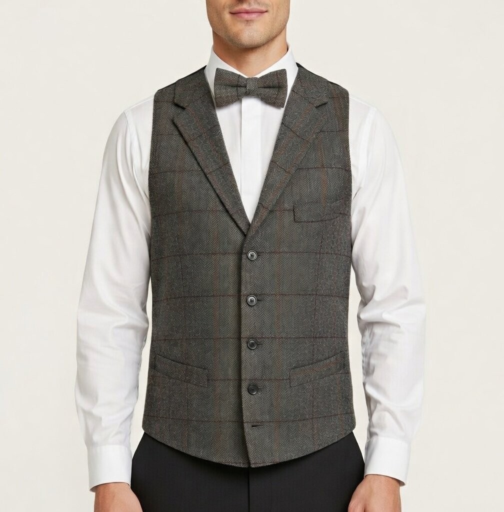 Grey Herringbone Check Tweed Tailored Waistcoat #WW112/1