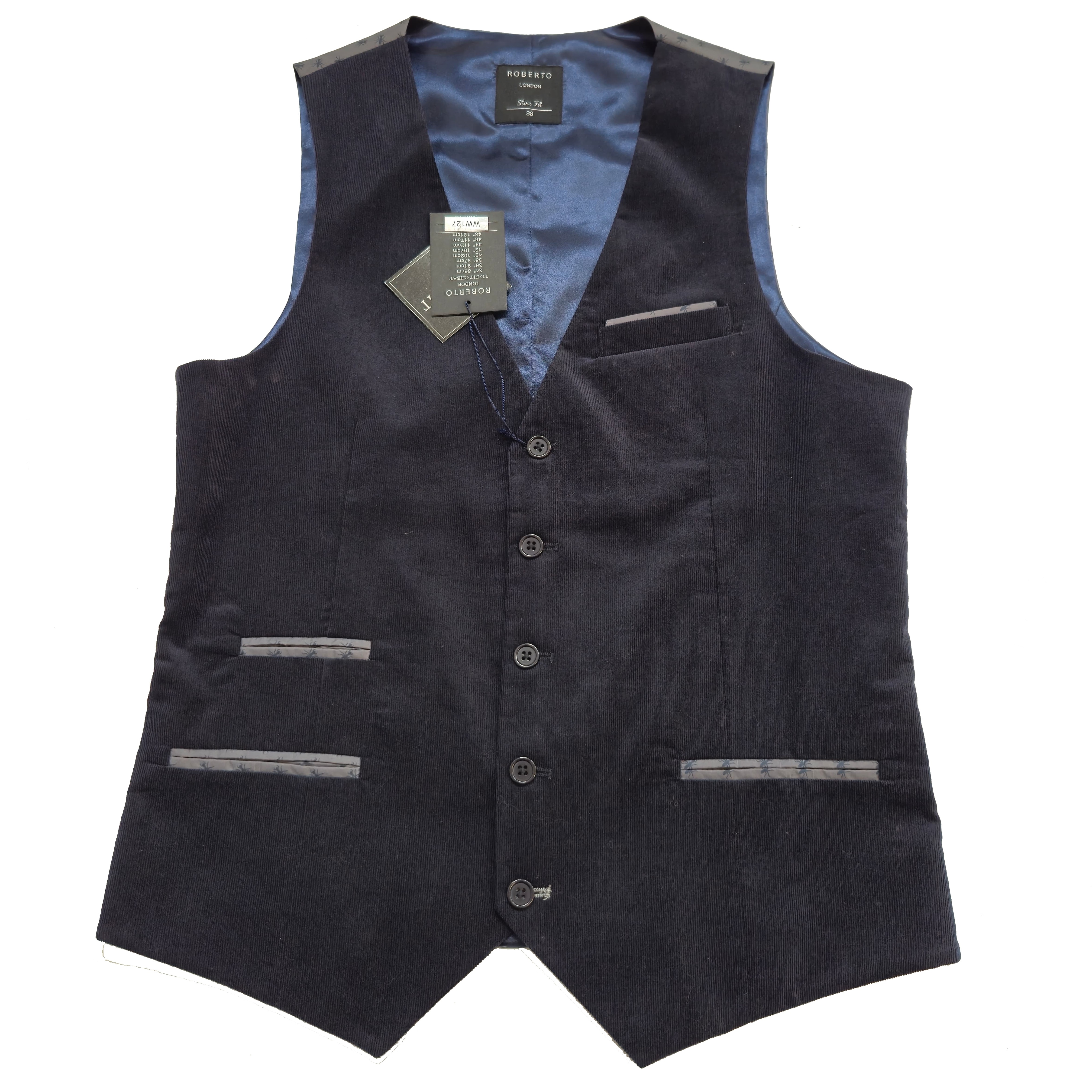 Navy Blue Contrast Star Print Satin Back Cotton Slim Waistcoat Medium 38''