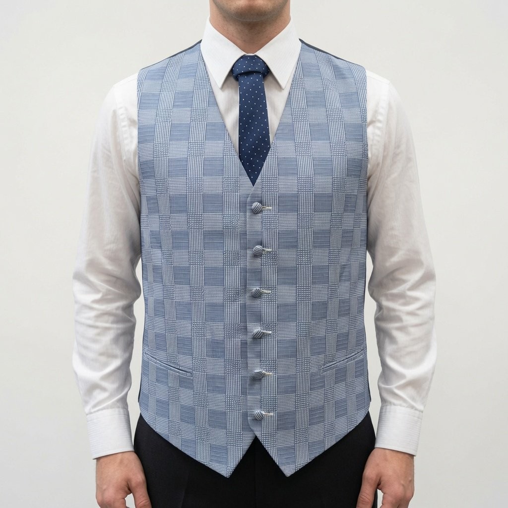 Blue and White Men's Check Formal Waistcoat #WWA1022/1