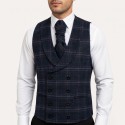Navy Blue Overcheck Double Breasted Shawl Wool Waistcoat #AB-WWC1020/3