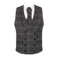 Grey Overcheck Double Breasted Shawl Wool Waistcoat #AB-WWC1020/2