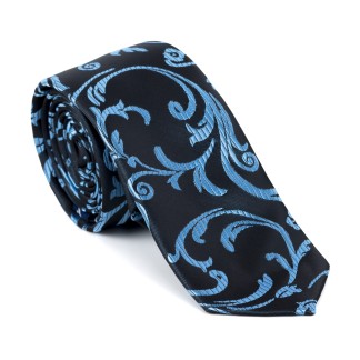 Morning Blue on Black Swirl Leaf Slim Tie #AB-C1000/17 ##LS2