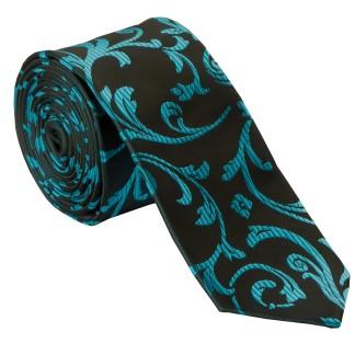 Teal on Black Swirl Leaf Slim Wedding Tie #AB-C1000/2 ##LS2