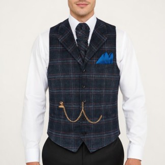 Navy Blue Overcheck Collared Wool Waistcoat #AB-WWE1020/3