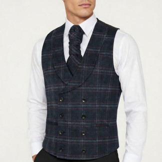 Navy Blue Overcheck Double Breasted Shawl Wool Waistcoat #AB-WWC1020/3