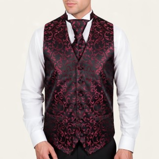 Burgundy on Black Swirl Leaf Wedding Waistcoat #AB-WWA1000/1